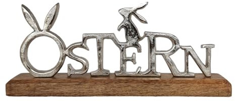 Schriftzug Ostern aus Alu und Holz mit Osterhase 33/14,5/5cm groß Osterdeko Aufsteller