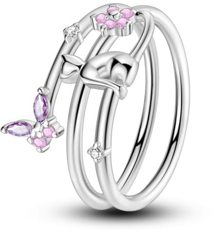 NARMO Ringe für Frauen 925 Sterling Silber Ring Butterly Flower Cat Ring Statement Ring Größe 60mm