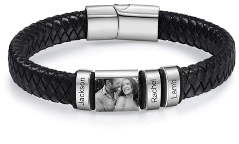 kaululu Bracelet en Cuir Personnalisé avec Photo pour Homme Bracelet en Cuir Perles avec Gravure Noms pour Papa Mari Bijoux Personnalisés Argent Noir