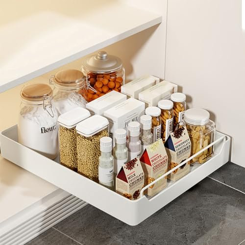 HOTOOLME Ausziehbarer Schrank Organizer teleskopschublade nachrüsten Slide Out küchenschrank organizer schubladen küche Pull Out küchenschublade Kleben Ohne Bohren Ausziehbare Schublade Küche 35cm