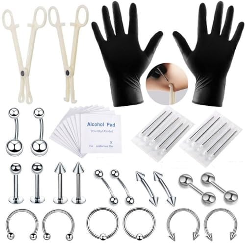 20Pcs Set Professional Body Piercing Tool Kit, Stainless Steel with Clamp Gloves Piercing Needle Tool Kit for Lip Stud Eyebrow Earring Navel Ring Full Body Piercing