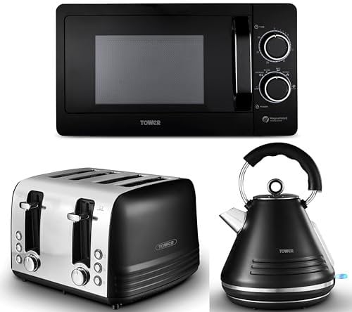 Tower Ash Black 1.7L 3KW Pyramid Kettle, 4 Slice Toaster & T24042BLK 800W 20 Litre Manual Microwave. Contemporary Matching Kettle, Toaster & Microwave Set in Black