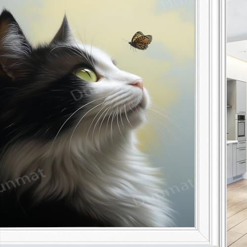 Moderne Sichtschutzfolie, Motiv: niedliche Katze, rustikaler Schmetterling, schönes Tier, Buntglas-Fensterfolie, dekorative Fensterfolie für Fenster und Glastür, Sonnenblockierung, 45 x 60 cm