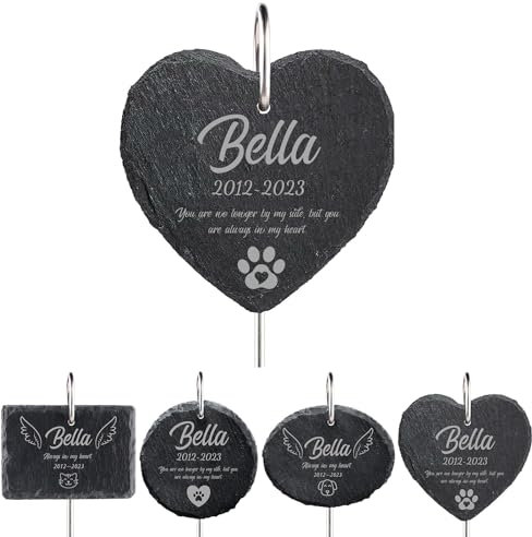 papasgix Personalisiert Grabstein Hund Katze Herzform Tiergrabstein Schiefer mit Gravur Grabschmuck Wetterfest mit vielen Motiven Gedenkstein für Haustiere Tiere (Hook+Grau Heart)