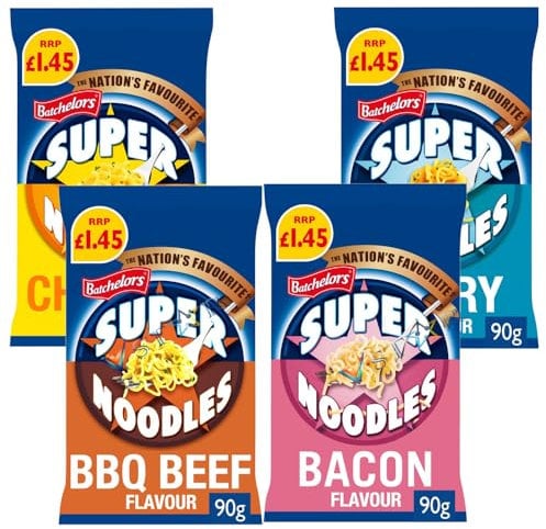 Batchellors Super Noodles Chicken, BBQ Beef, Mild Curry & Bacon Flavour Instant Ready in 4 Minute Noodles PMP 90g (2, Random Mixed)