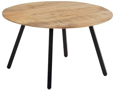 Home Source Living Room Mango Wood Round Coffee Table, Black Iron Legs, Natural Top, 70cm