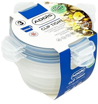 Addis Clip Tight Food Storage Containers 700 ml Round Pack Of 3 Airtight Containers Bpa Free Easy Locking Lid Clips, Clear Transparent