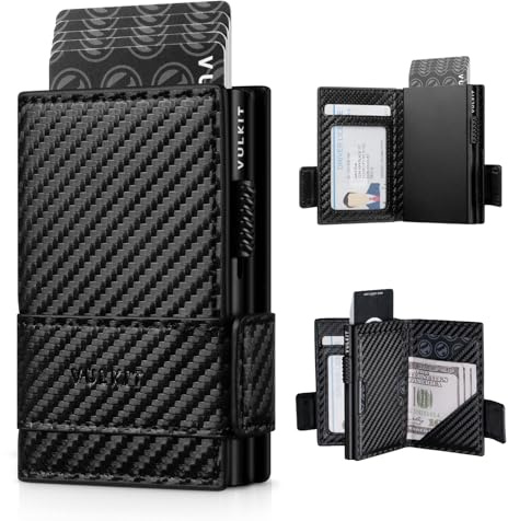 VULKIT Porte-Cartes Portefeuille en Cuir à Deux Volets pour Homme avec Blocage RFID, étui en métal pour Cartes, Peut Contenir 9 Cartes et Billets, Poche zippée pour Pièces de Monnaie (CF-Noir)