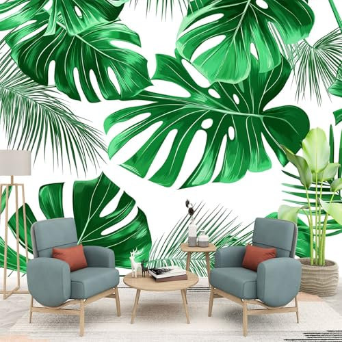 Papier Peint Panoramique Feuilles de Palmier Monstera Tropicales Art Photo Murale Chambre Décor, Plante verte Papier Peint intissé fond pour Chambre D'Enfant Salon Bureau Murale 400 x 280 cm