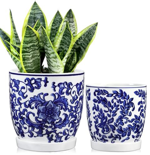 Oairse Set of 2 Blue and White Ceramic Plant Pots 13cm 11cm Ceramic Planter with Drainage Holes and Saucers Tray Indoor Plants Elegant Decorative Flower Pots for Succulent Herbs, Office or Home Decor