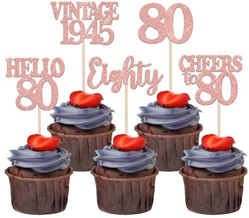 30 Pack Happy 80th Birthday Cupcake Toppers Glitter Hello 80 Eighty Vintage 1945 Cupcake Picks Cheers to 80 Party Decorations for 80th Birthday Anniversary Party Cake Decorations Rose Gold
