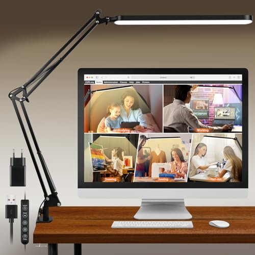 BIENSER Lampada da Scrivania a LED, Lampada da Tavolo con Morsetto, 11 Livelli di Luminosità X 5 Modalità, Dimmerabile, Protezione degli Occhi, Lampada da Architetto Per Ufficio Lettura Studio