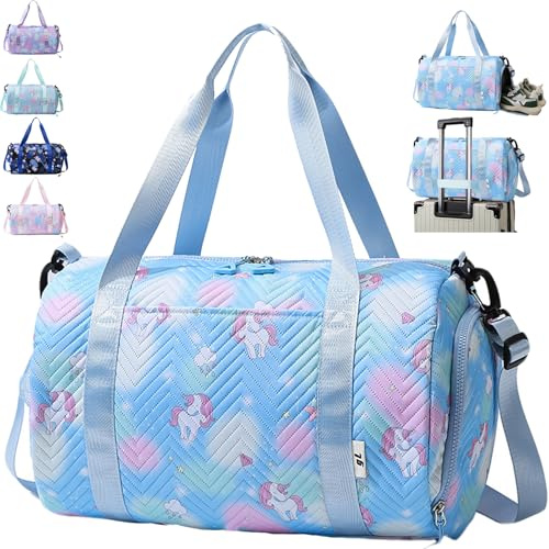 AUNGKWANG 25 L Bolsa Deporte Niña Unicornio, Bolsa de Viaje Chica, Grande Travel Bag Fin de Semana, Bolsa de Natación para Playa, Bolsa Deporte con Compartimento Zapatos y Bolsillo Húmedo (Azul)