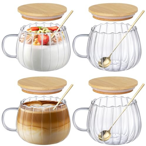 Anhow 4 Pezzi Tazzine Caffe, 450ml Tazze Cappuccino Vetro con Coperchio e Cucchiaio Tazze Divertenti da Regalare per Latte, Caffè, Avena, Yogurt, Fiocchi D'avena - 350 ml, Trasparente