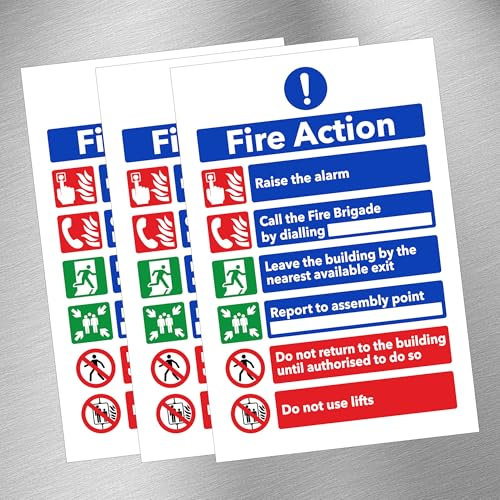 Large Fire Action Notice Vinyl Sign - 30 x 20 cm Ideal Sized Fire Safety Signs [Pack of 3]