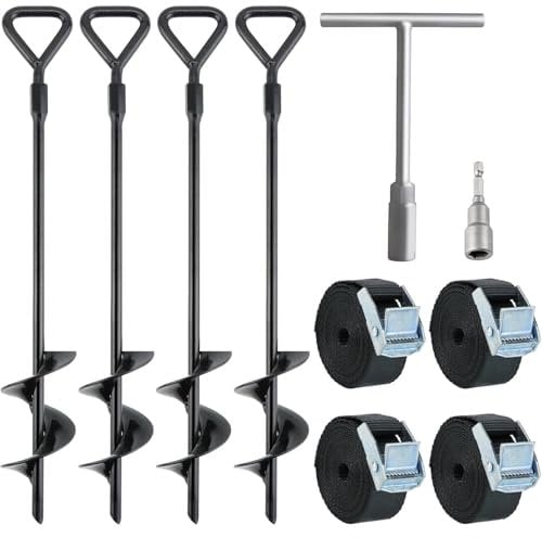 4Pcs Ground Anchor Heavy Duty, Earth Anchor Tent Peg with Drills and 4 Straps,T-type wrench, Trampoline Anchor Kit for Camping Tents, Sheds, Swing Sets, Securing Dogs