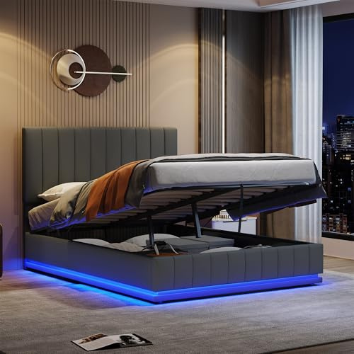 BTM Upholstered Double Bed with LED Lighting, Hydraulic Storage, Adjustable Channel Tufted Headboard, PU Leather Double Bed with Storage, 4ft6-135x190cm, Grey (No Mattress)