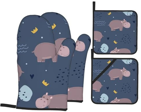 Nilpferd-Tier, Topflappen und Ofenhandschuhe, 4-teiliges Set, hitzebeständige Topflappen, Küchenofenhandschuh