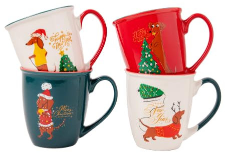 Christmas Dachshund Dog Mug 350ml Cute Festive Dachshund Ceramic Coffee Cup Dog Lover Gift Mug for Hot Chocolate or Tea (H 10cmx W9cm) Assorted Christmas Designs (Dachshund Dog Reindeer)