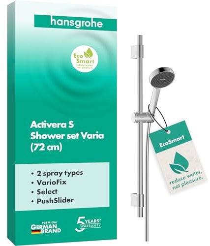 hansgrohe Activera Select S - Duschset mit Duschkopf wassersparend (EcoSmart, 2 Strahlarten), Duschschlauch (1,60 m) und Duschstange (72 cm) mit variablem Bohrlochabstand, Chrom, 28048000