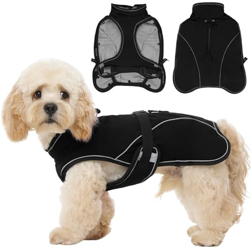 Hjyokuso Hundemantel Winter Wasserdicht, Warme Zweiteilige Hundejacke mit Fleecefutter, Winddichte Hundemantel für Kleine & Große Hunde, Weiche Winterjacke Hund für Kaltes Wetter, Schwarz XS