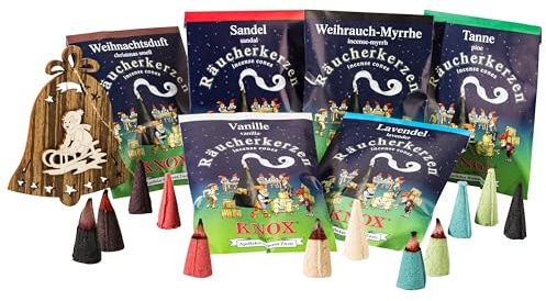 MaMeMi German Incense Cones Starter Set – Knox 6 Small Packs (30 Cones) for Smoker Houses & Figurines | Holiday Scent, Frankincense-Myrrh, Sandalwood, Fir, Vanilla, Lavender | with Wooden Ornament