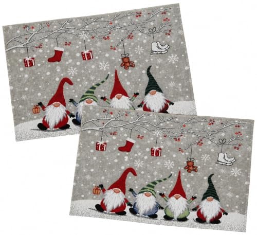 2 Stück Tischset Mitteldecke Platzdeckchen Gobelin Winter Weihnachten rechteckig 33 x 46 cm Motiv Wichtel mit Geschenkzweig Baumwollmischung