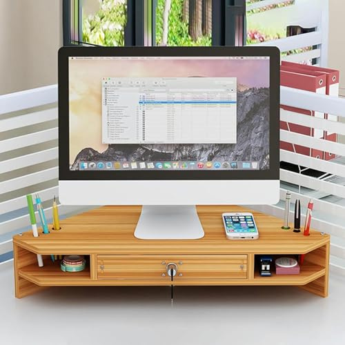 ZRQSMCX Desktop-Organizer, Computer-Monitorständer, dreieckiger Monitorständer für den Schreibtisch, 2-stufiger Eck-PC-Ständer aus Holz mit Schublade und Stifthalter, platzsparen,Brown
