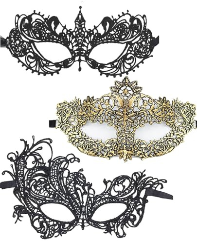 Celblisora 3 Stück Set Aus Schwarzen und Goldenen Spitzenmasken,Maskenballmasken für Damen und Paare,Herren-Mardi-Gras-Masken,Partykostüme für Erwachsene,Venezianische Kleider