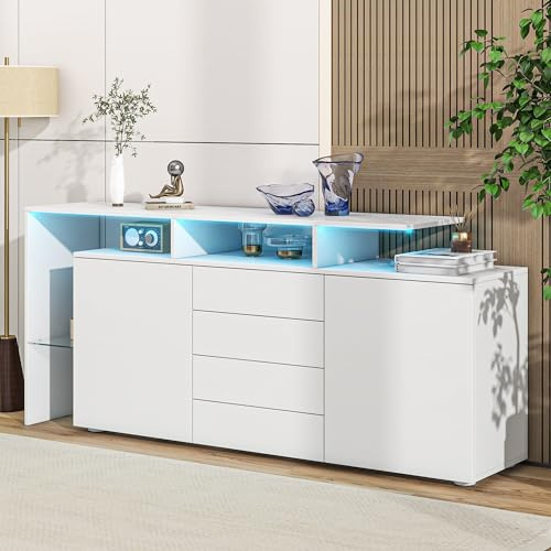 ZKLOEP Kommode, Sideboard mit LED,Wohnzimmermöbel in Weiß Hochglanz, Wohnzimmerschrank,Standschrank,TV-Schrank,Wohnzimmerwand,Highboard, Mehrzweckschrank, Buffetschrank Esszimmer