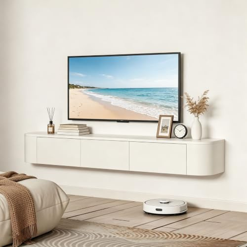 YLGJ&TIDY Meuble TV Flottant, Étagères TV Murales avec Porte, Console Multimédia TV, Meuble TV Flottant, Grand Banc TV De Rangement sous La Télévision (Blanc, 160CM/62.9)