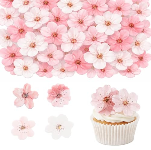 jhsaxza 50 Décorations de Gâteau Fleurs Roses, Décorations Comestibles en Papier, Fleurs de Cerisier, Idéales pour Mariages, Anniversaires et Fêtes