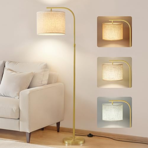 VASAGLE Lampadaire, Lampe Arc sur Pied, Hauteur Réglable de 150 à 175 cm, Style Moderne, Interrupteur à Pied, Abat-Jour en Tissu, Douille E27, Doré Clair LFL006AB02