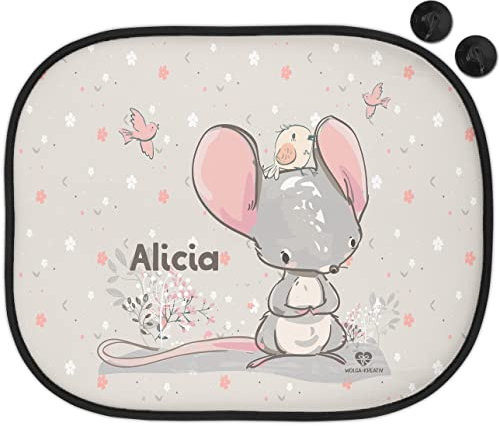 wolga-kreativ Sonnenschutz Auto Fenster Sonnenblende Verdunklung Baby Kinder personalisiert für Seitenscheiben Mädchen Junge süßer Maus mit Name Wunschname Bedruckt