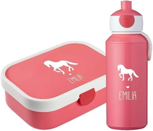 4youDesign Mepal Set Brotdose und Trinkflasche personalisiert mit Namen – Silhouette Pferd pink – Auslaufsicher, Bento Einsatz rausnehmbar, inkl. Snackgabel – BPA frei – für Kinder