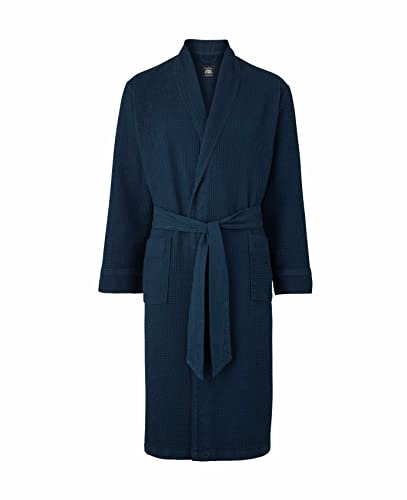 THE SAVILE ROW COMPANY LONDON Men's Lightweight Soft Cotton Waffle Kimono Bathrobe Dressing Gown - Navy - Large