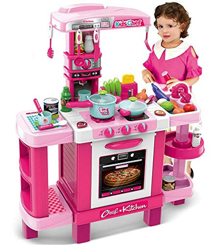 BAKAJI Cucina Giocattolo Bambini con Fornello Funzionante Luci Suoni Forno e 34 Accessori Gioco Dimensione 87 x 78 x 29 cm (Rosa)