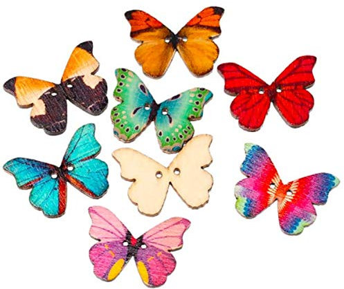 50 Stück farbige Holzknöpfe Schmetterling Motiv 28x21mm Zweilochknöpfe zum annähen aufnähen basteln Bastelknöpfe Knöpfe für Kinderkleidung Mützen Jacken scrapbooking