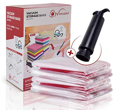 Vinsani 6 Pack Reusable Vacuum Storage Bags With Double-Zip Seal & Triple Seal Turbo-Valve for Max Space Saving, Large 50x70cm + Hand Pump Included