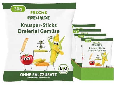 Freche Freunde Bio Knusper Sticks-Dreierlei Gemüse, Knabberzeug für Kinder & Babys ab 12 Monaten, ohne Salzzusatz, 8er Pack (8x 30 g)