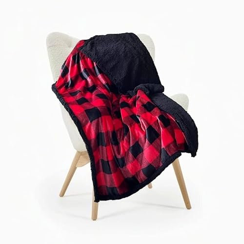 Couverture en Coraline de Carreaux 130 x 160 cm pour canapé, Microseda, Borreguito, douce, Extra Confort (Rouge/Noir)