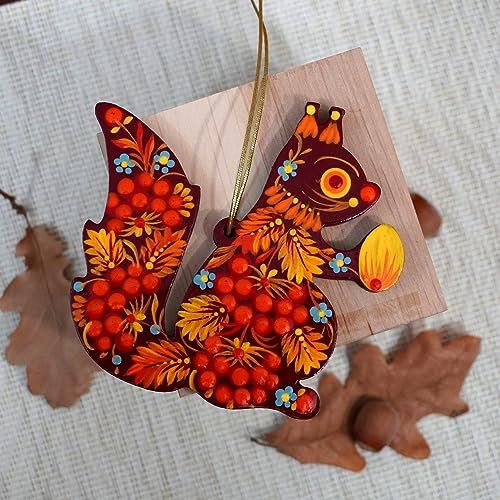 Unikater Christbaumschmuck-Tiere aus Holz 9.5 х 8.5 х 0.5 cm Eichhörnchen Handbemalter Exklusiver Weihnachtsschmuck Mit Feinem Muster aus der Ukraine mit Liebe