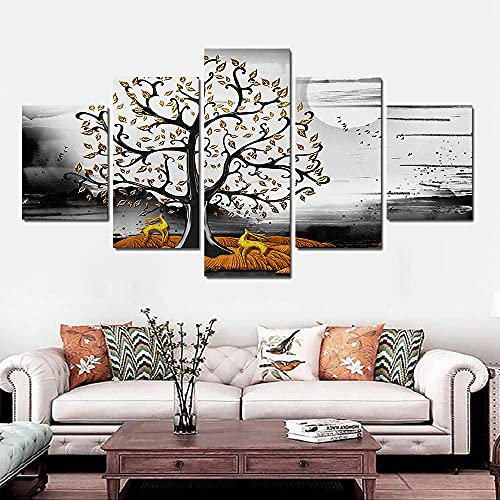 YANCONG Abstrait Tableau Arbre De Vie Doré Noir Blanc Nature Tableaux sur Toile Taille XXL Motif Moderne 150X80Cm(B)