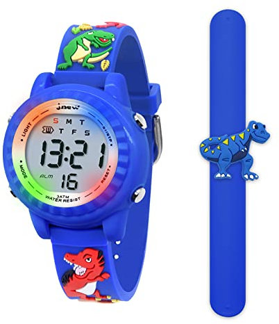 HMJIA 3D Cartoon Design Armbanduhr für Kinder Jungen und Mädchen 3ATM Wasserdicht Kinderuhr mit Wecker/Datum/Stoppuhr/LED (Blaue Dino)
