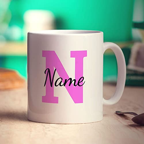 Personalised Mug With Initial & Name - 11oz Cup - Customised Printed Gift for Him, Her, Anniversary, Wedding, Birthday - Pink