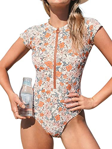 CUPSHE Damen Badeanzug High Neck Kurzarm Reißverschluss vorne Rash Guard Blümchenmuster Einteilige Bademode Swimsuit Orange S