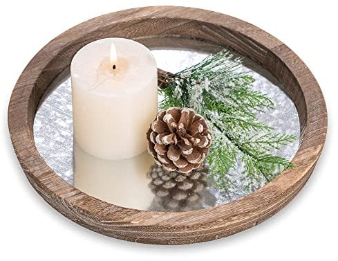 Hanobe Round Wood Decorative Tray: Rustic Wooden Trays for Coffee Table Farmhouse Centerpiece - Vintage Mirror Candle Tray for Home Decor Ottoman Bathroom Kitchen Organizer