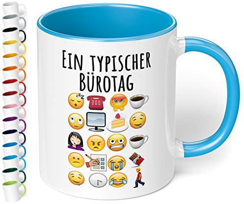 True Statements Lustige Büro Tasse Ein typischer Bürotag - 330ml Keramik Kaffeebecher mit Spruch Emoticon Geschenk Mitarbeiter Kollegen Büro Arbeit Homeoffice Geburtstag Weihnachten (Hellblau)