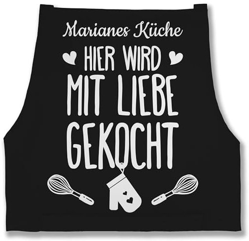Schürze - Kochschürze - Hier wird mit Liebe gekocht mit Name I Geschenk Kochen - 85x69 - Schwarz - personalisierte küchenschürze damen kochschuerze dame küche sprüche kochschürzen