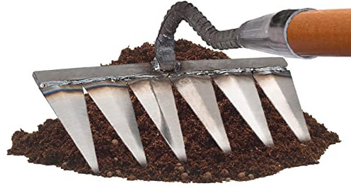 LINGJIONG Jardin désherbage en Acier au Carbone, Râteau à Dents Robuste en métal, tête râteau 4/5/6/7 Dents, Scarificateur, désherbage, Surface, Gravier et Racine